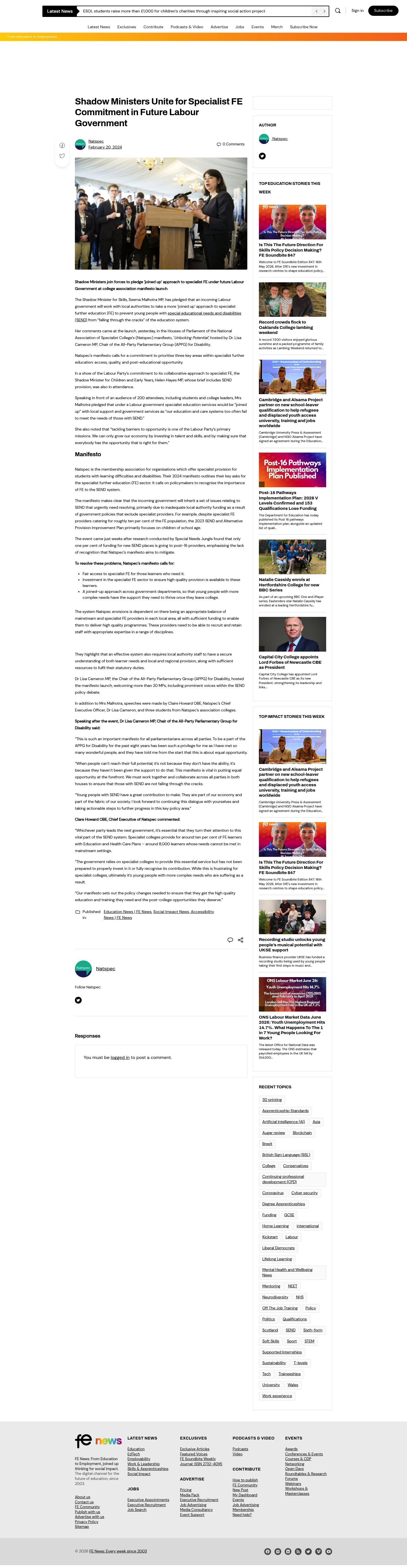 Shadow Ministers Unite for Specialised FE Commitment in Future Labour Government | FE News