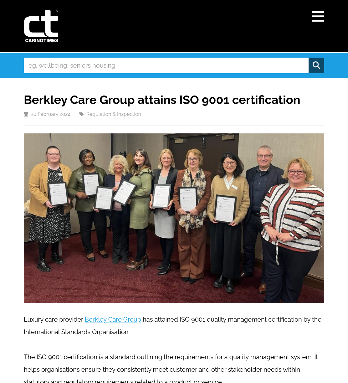 Berkley Care Group attains ISO 9001 certification | Caring Times