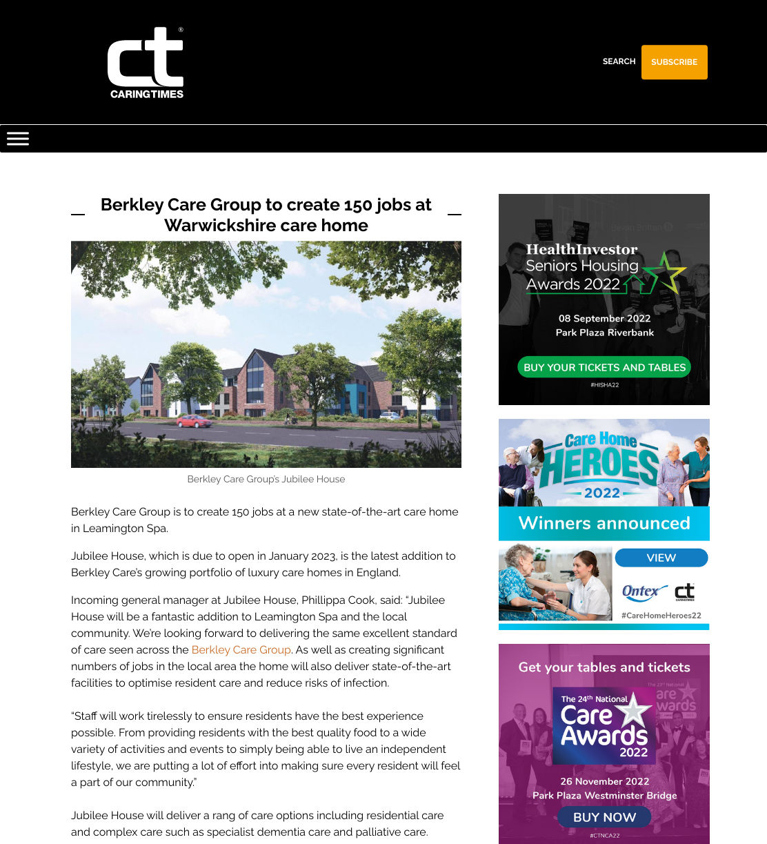 Berkley Care Group to create 150 jobs at Warwickshire care home - Caring Times
