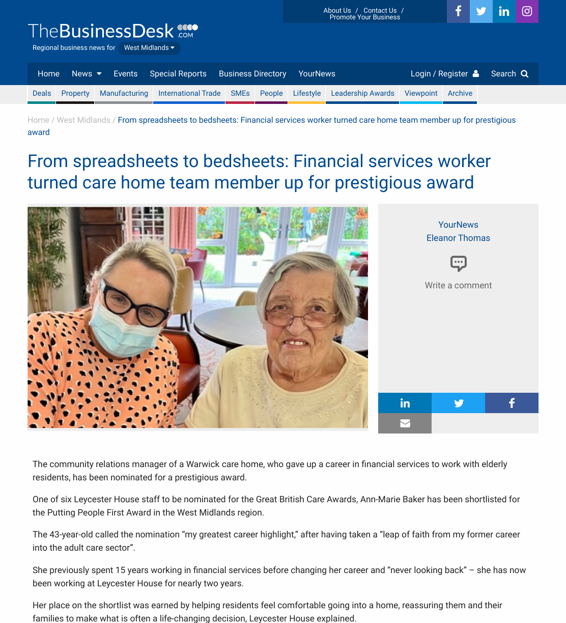 From spreadsheets to bedsheets: Financial services worker turned care home team member up for prestigious award | TheBusinessDesk.com
