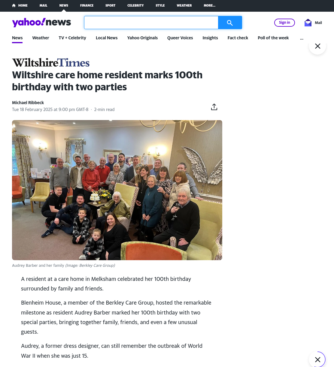 Wiltshire care home resident marks 100th birthday with two parties