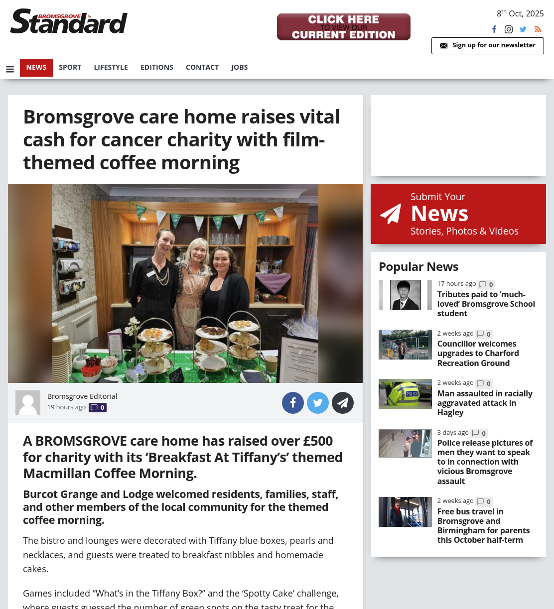 Bromsgrove care home raises vital cash for cancer charity with film-themed coffee morning