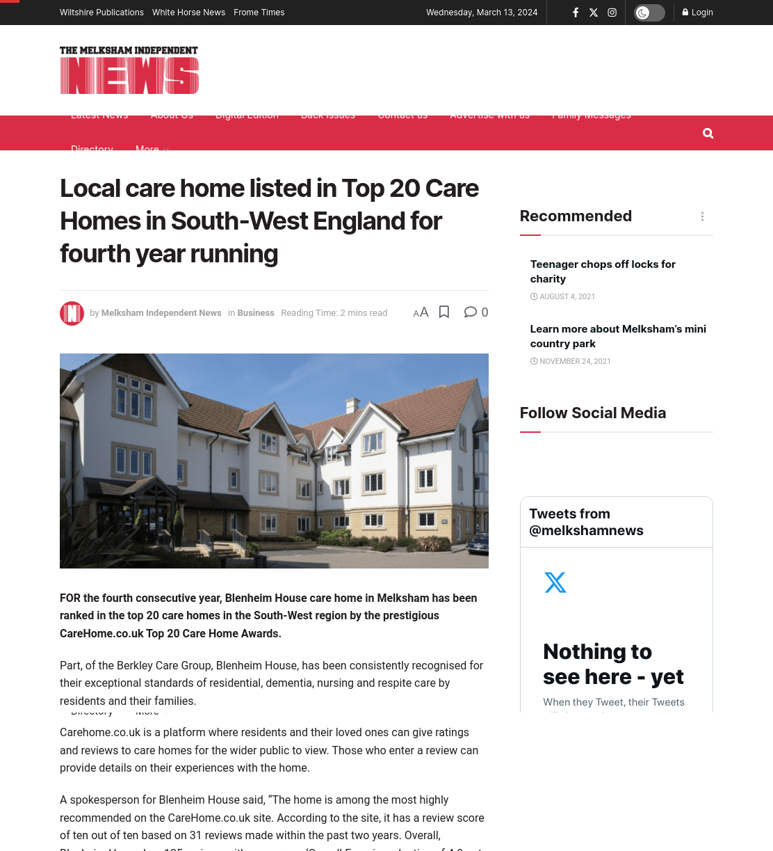 Local care home listed in Top 20 Care Homes in South-West  England for fourth year running