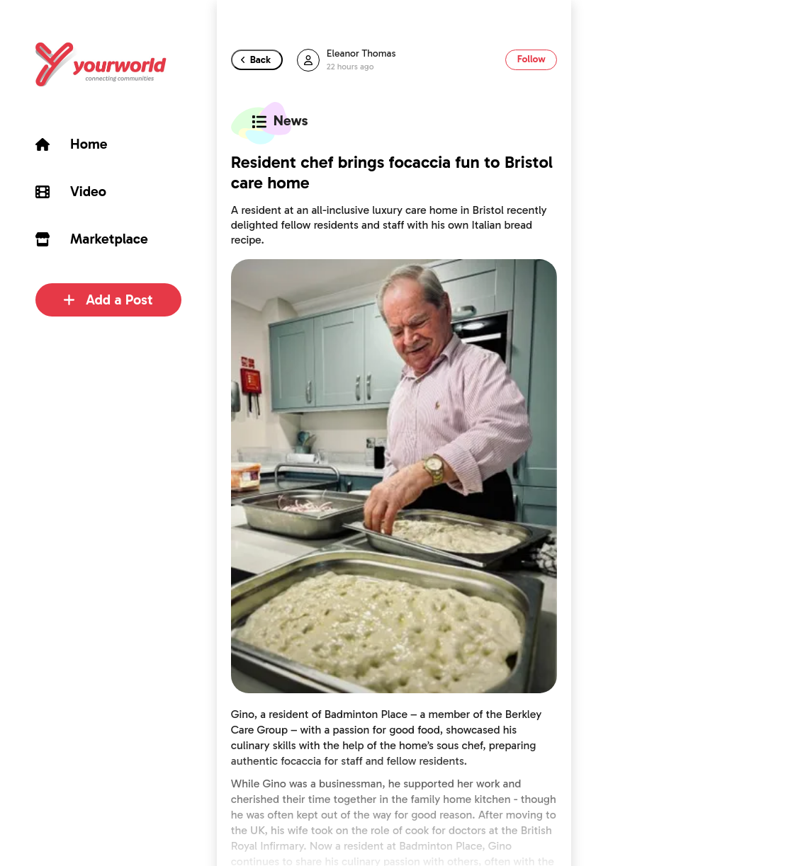 Resident chef brings focaccia fun to Bristol care home | YourWorld