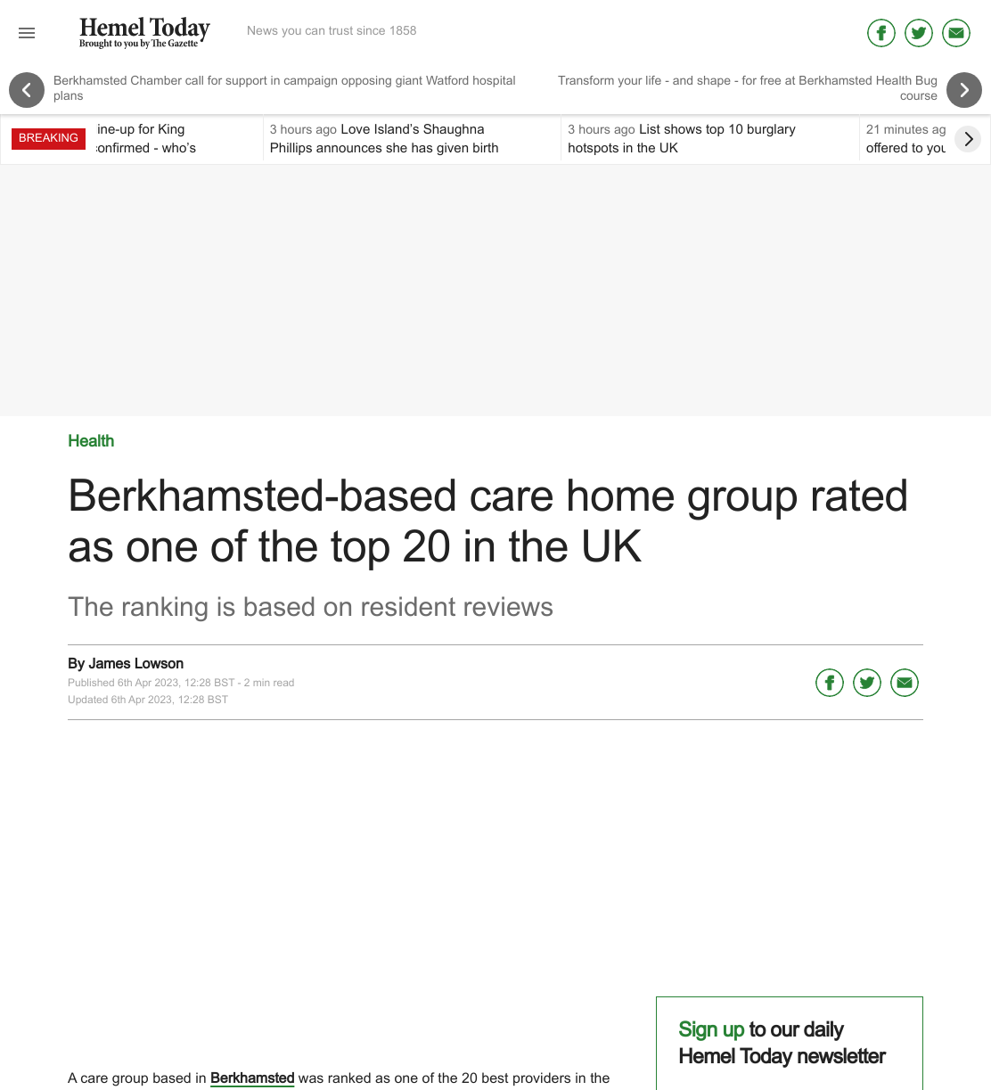 Berkhamsted-based care home group rated as one of the top 20 in the UK
