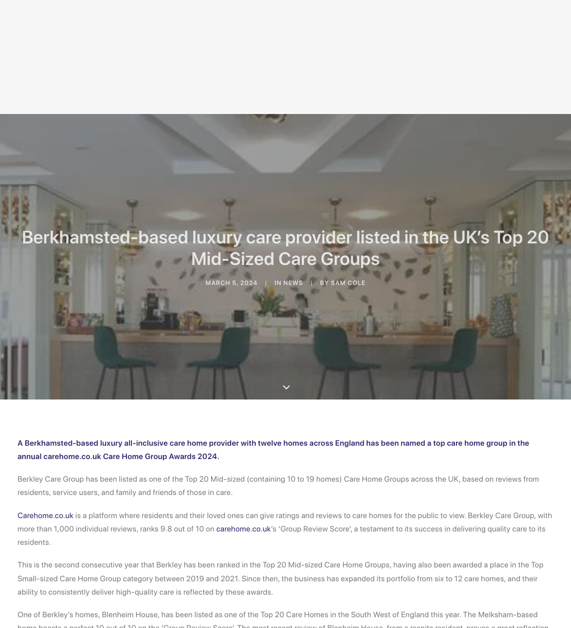 Berkhamsted-based luxury care provider listed in the UK’s Top 20 Mid-Sized Care Groups » Care Home Magazine