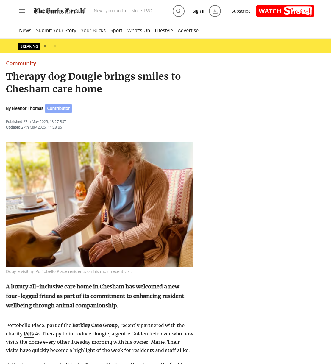 Therapy dog Dougie brings smiles to Chesham care home