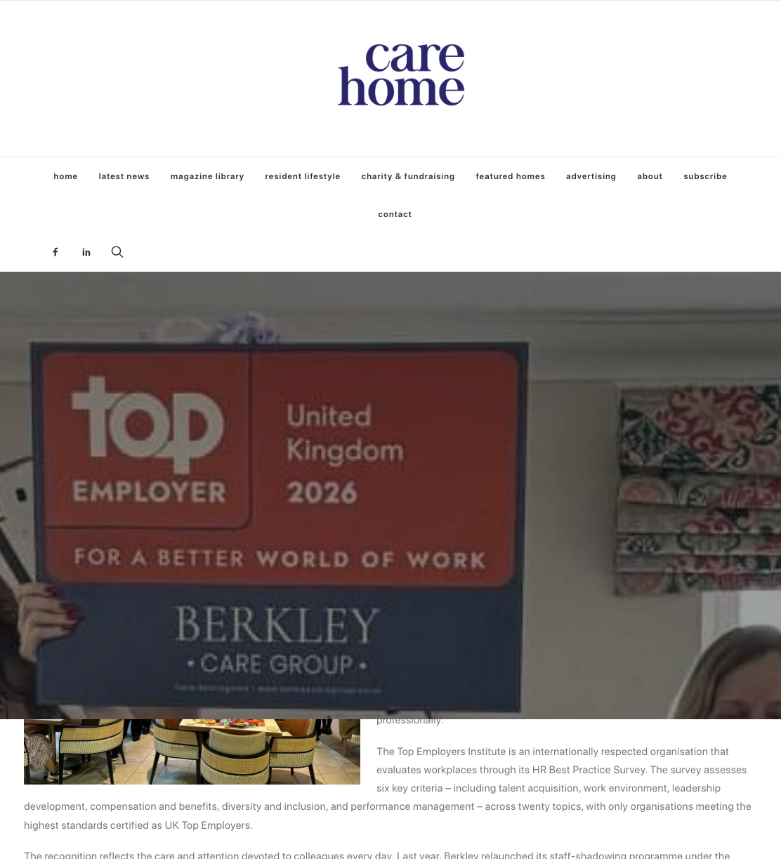 Berkley Care Group named UK Top Employer for third consecutive year, following award-filled 2025 » Care Home Magazine