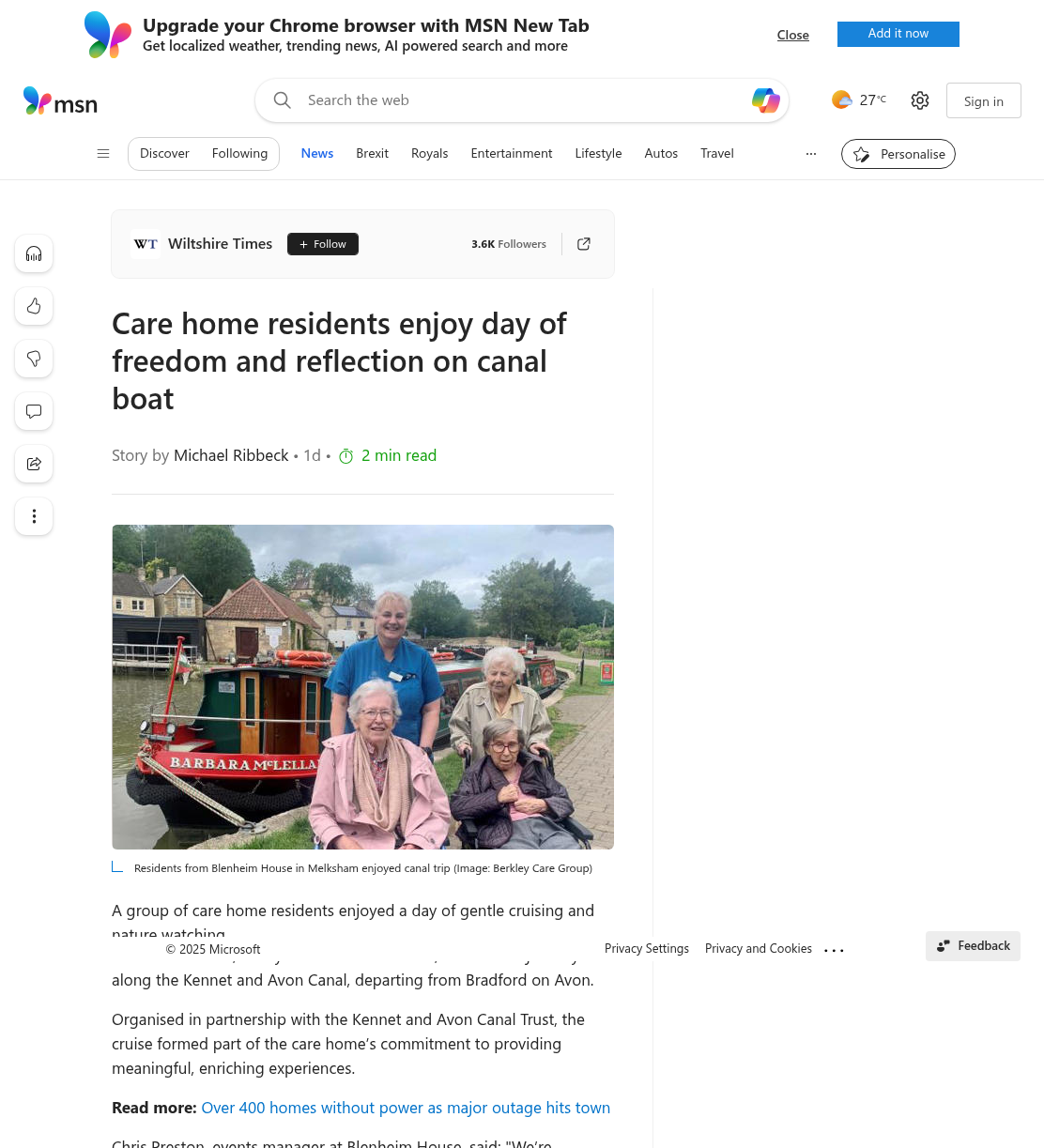 Care home residents enjoy day of freedom and reflection on canal boat