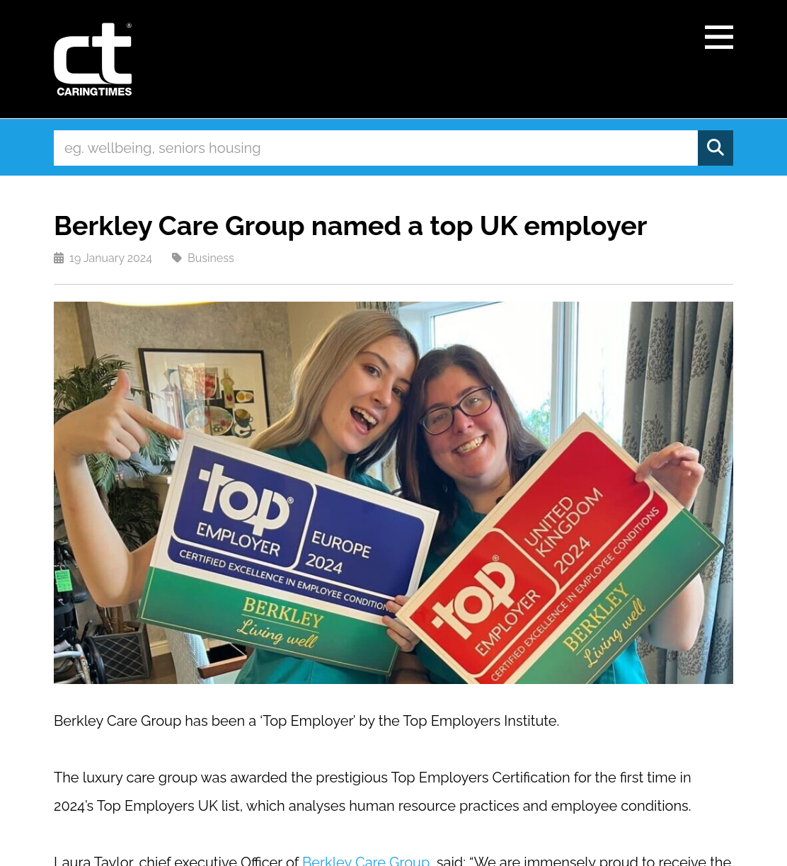 Berkley Care Group named a top UK employer | Caring Times
