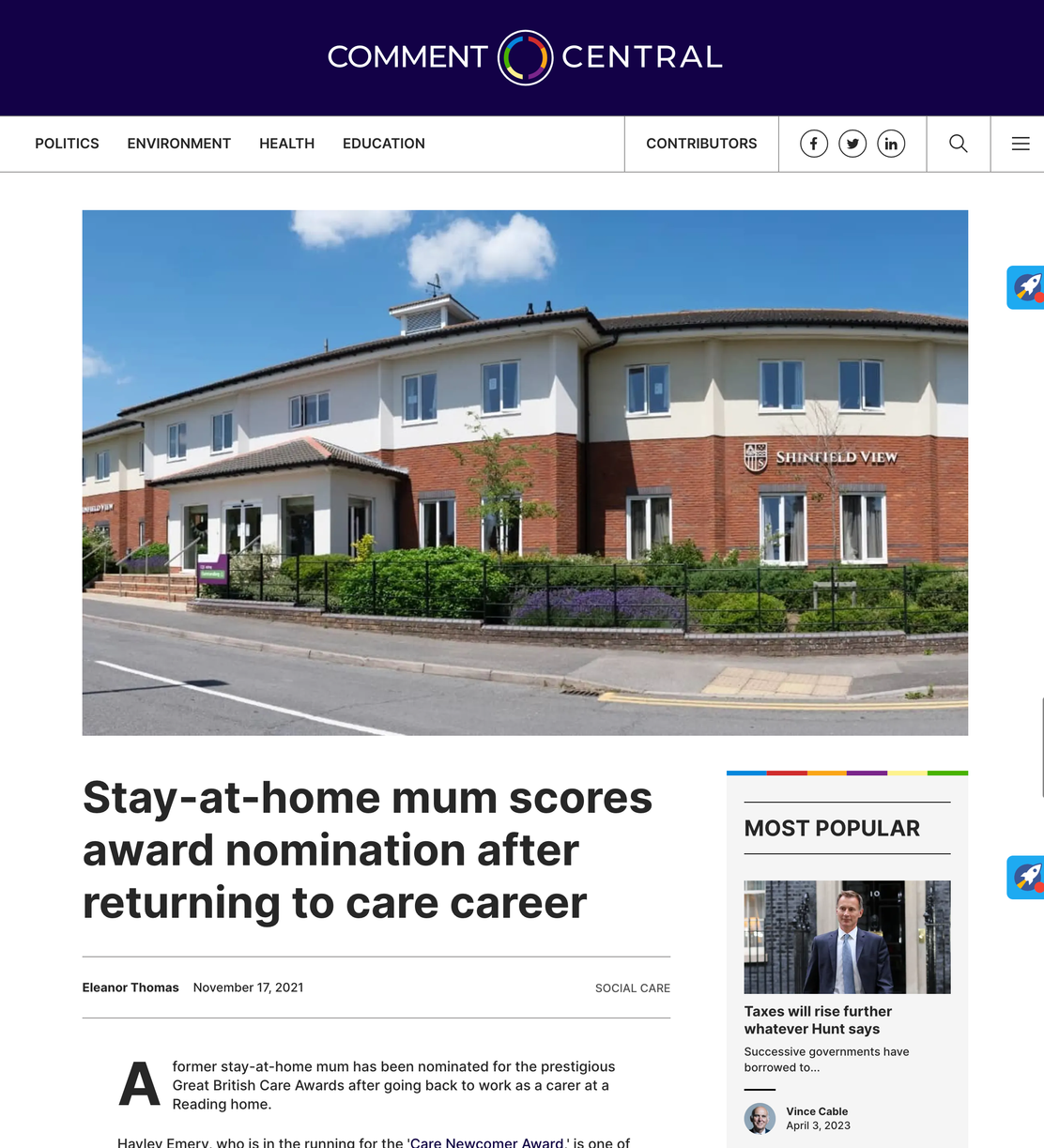 Stay-at-home mum scores award nomination after returning to care career