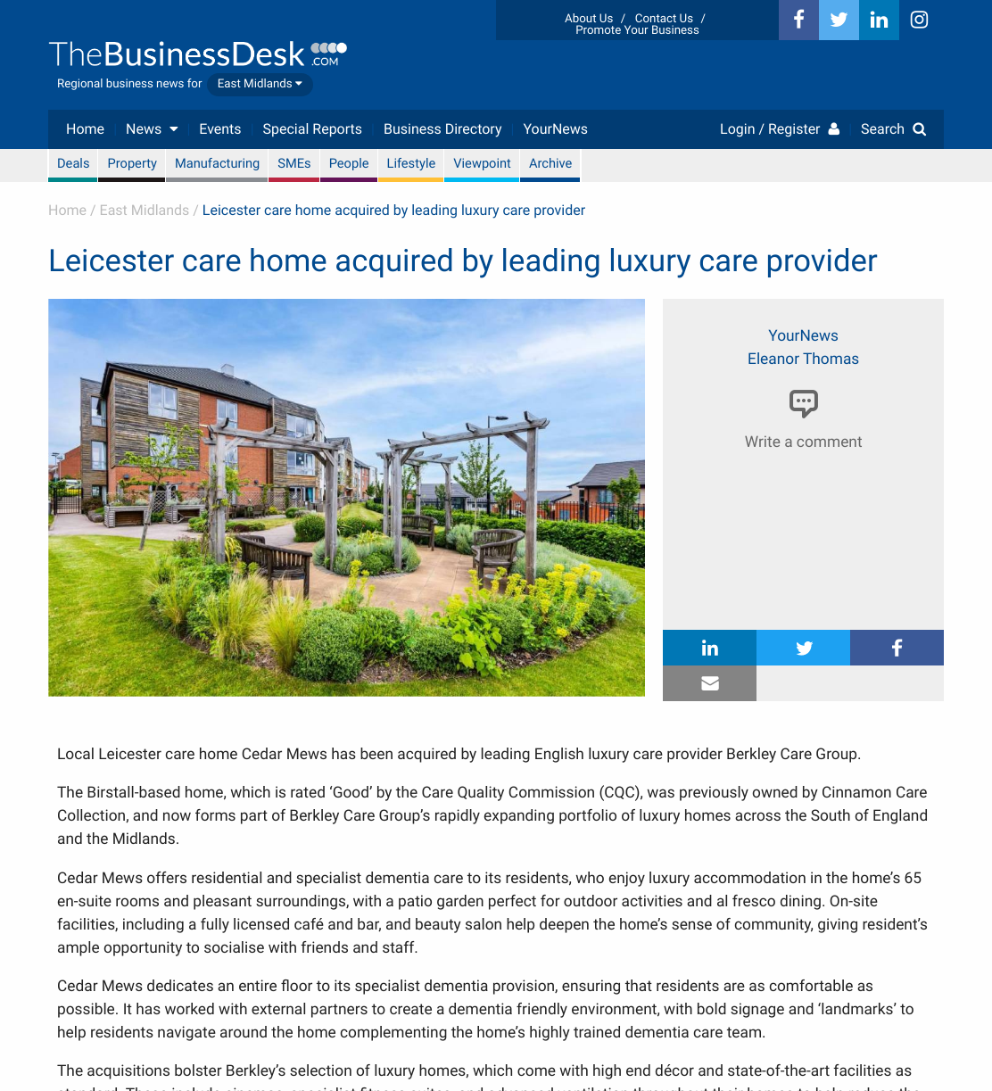 Leicester care home acquired by leading luxury care provider | TheBusinessDesk.com