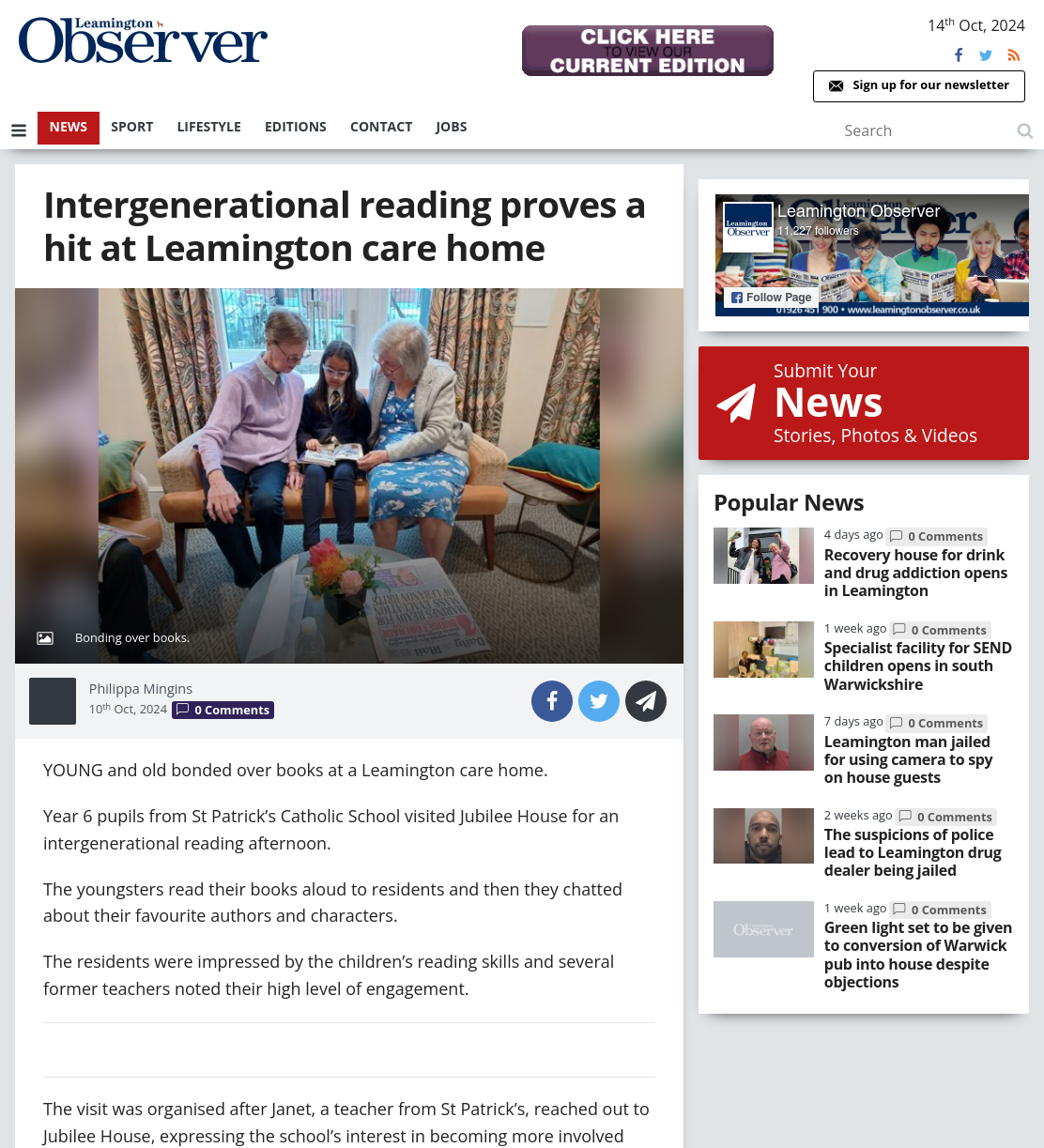 Intergenerational reading proves a hit at Leamington care home