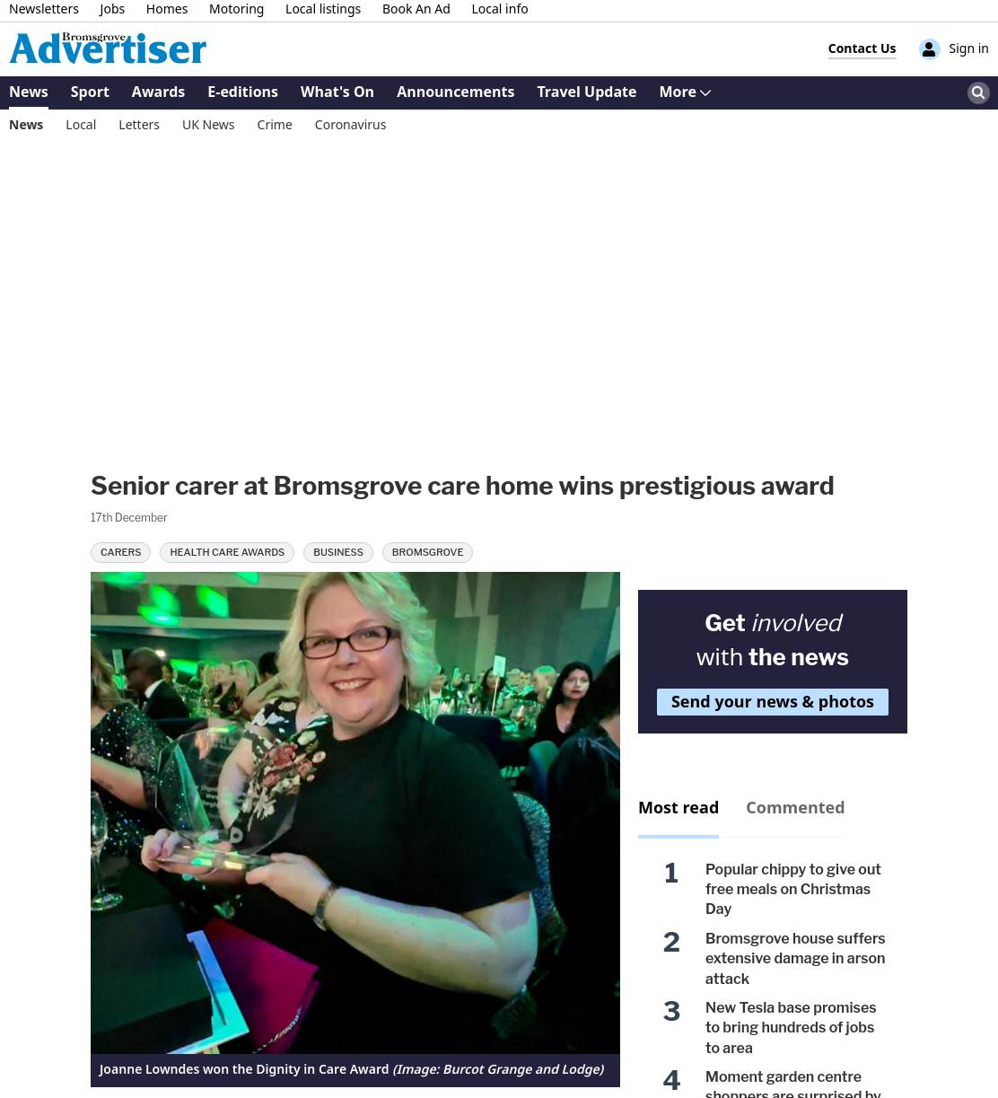 Senior carer wins big at the prestigious Great British Care Awards