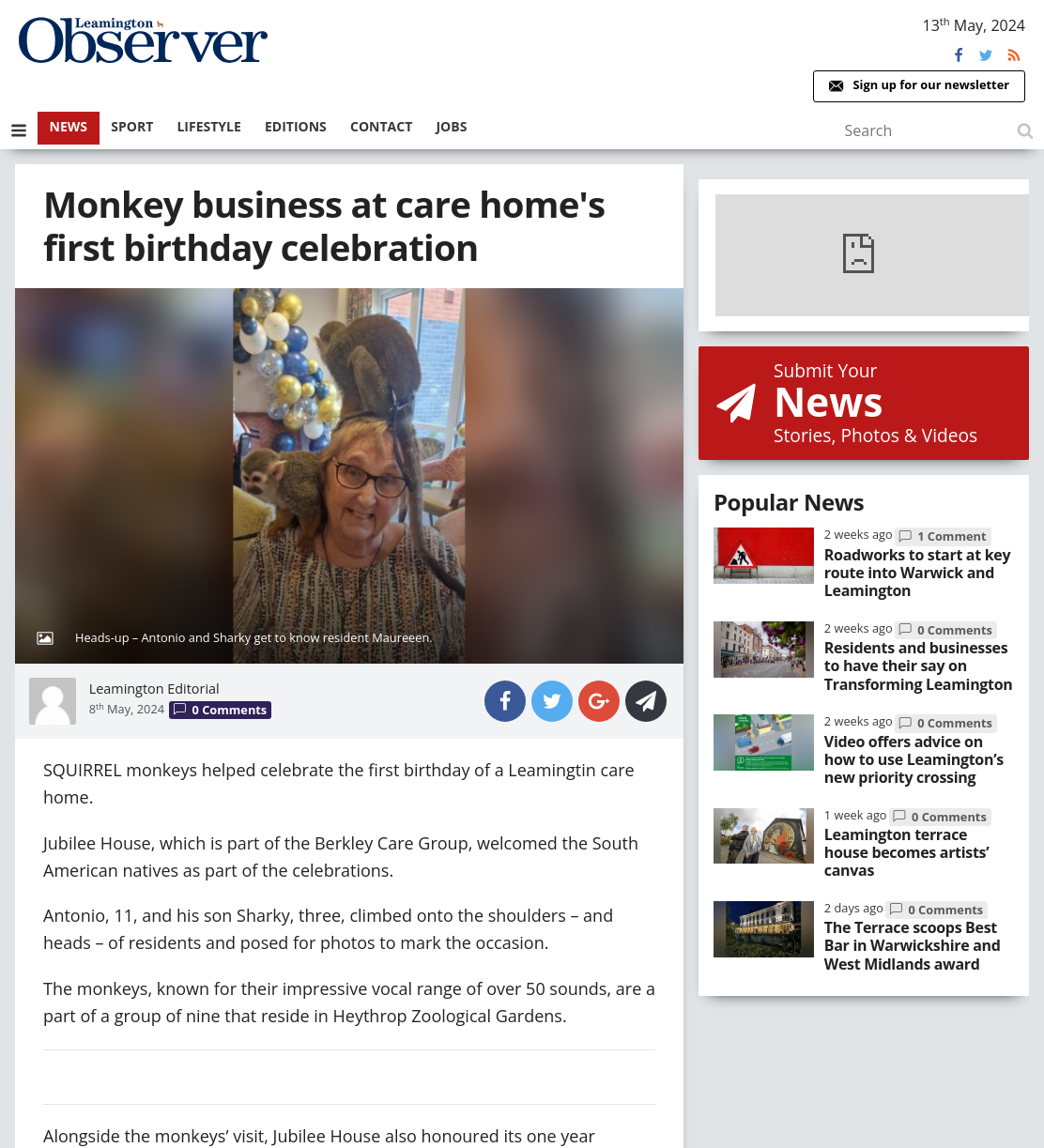 Monkey business at care home’s first birthday celebration