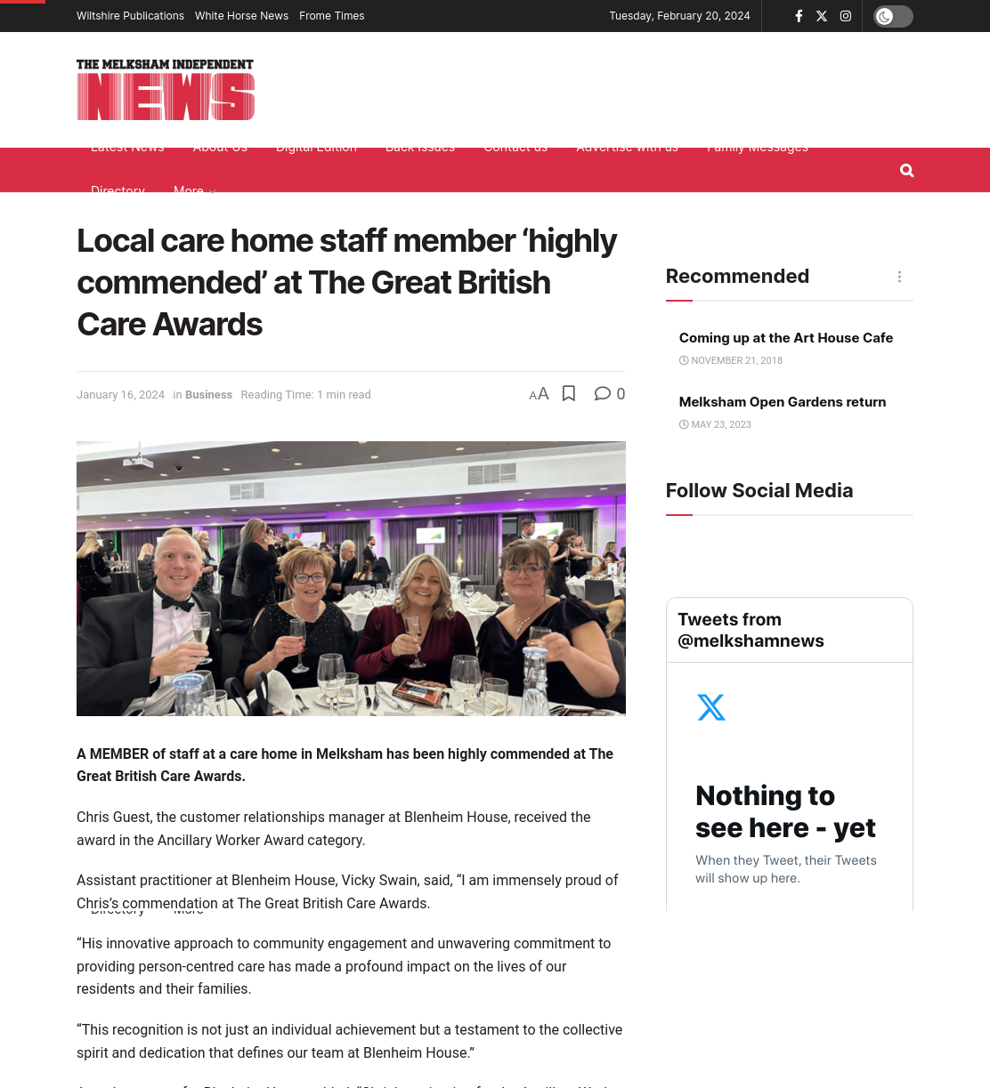 Local care home staff member ‘highly  commended’ at The Great British Care Awards