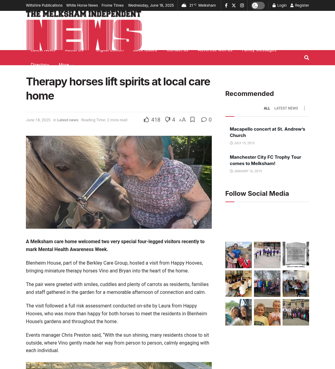 Therapy horses lift spirits at local care home