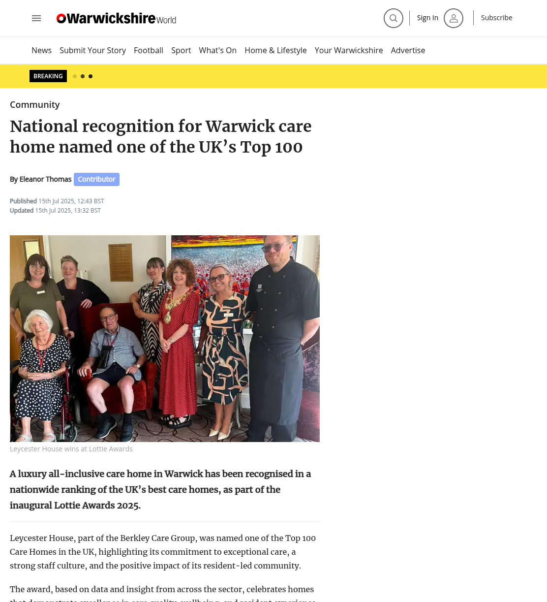 National recognition for Warwick care home named one of the UK’s Top 100