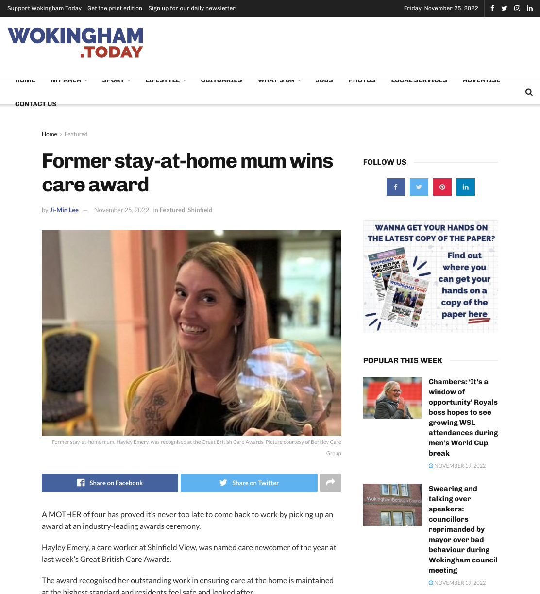 Former stay-at-home mum wins care award