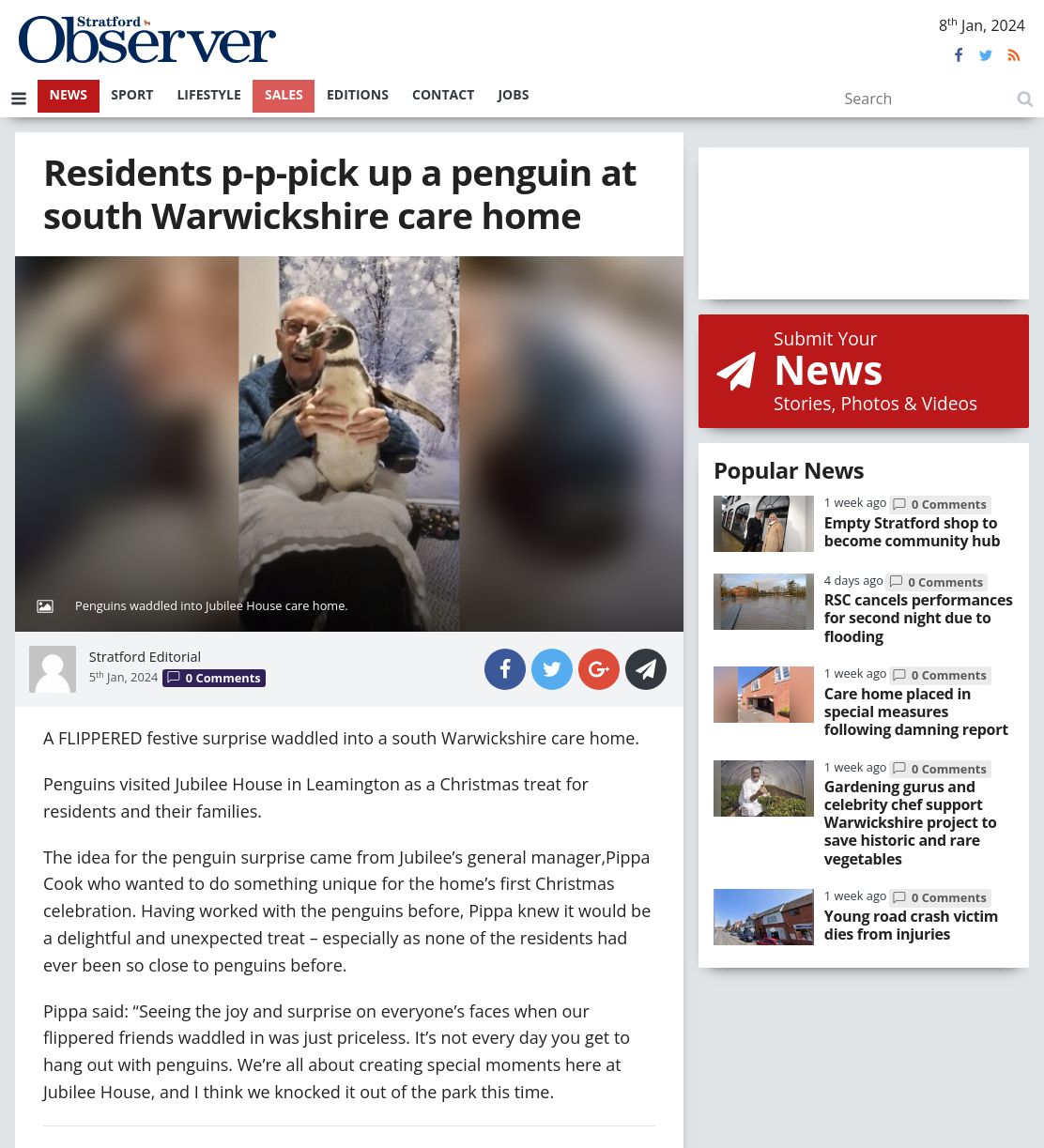 Residents p-p-pick up a penguin at south Warwickshire care home