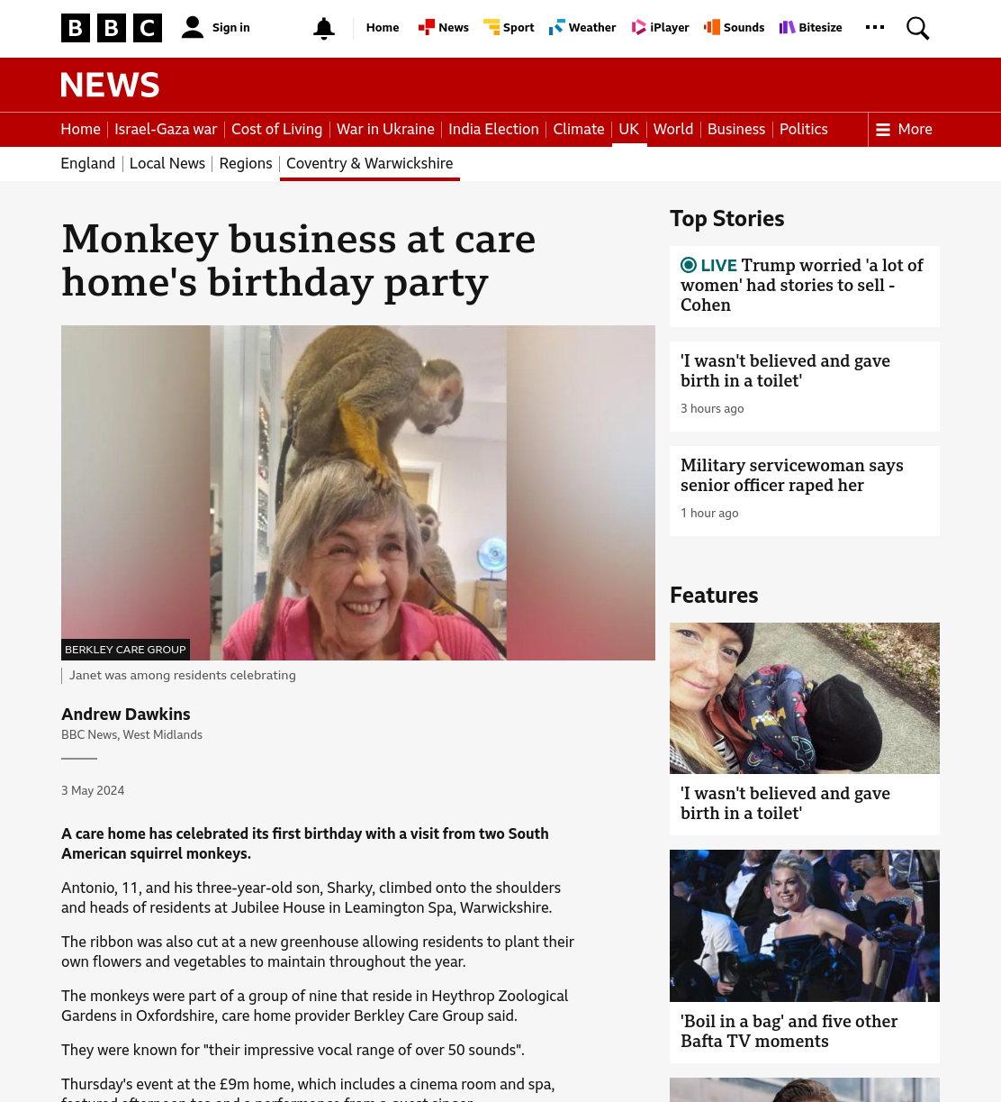 Monkey business at Leamington Spa care home birthday party