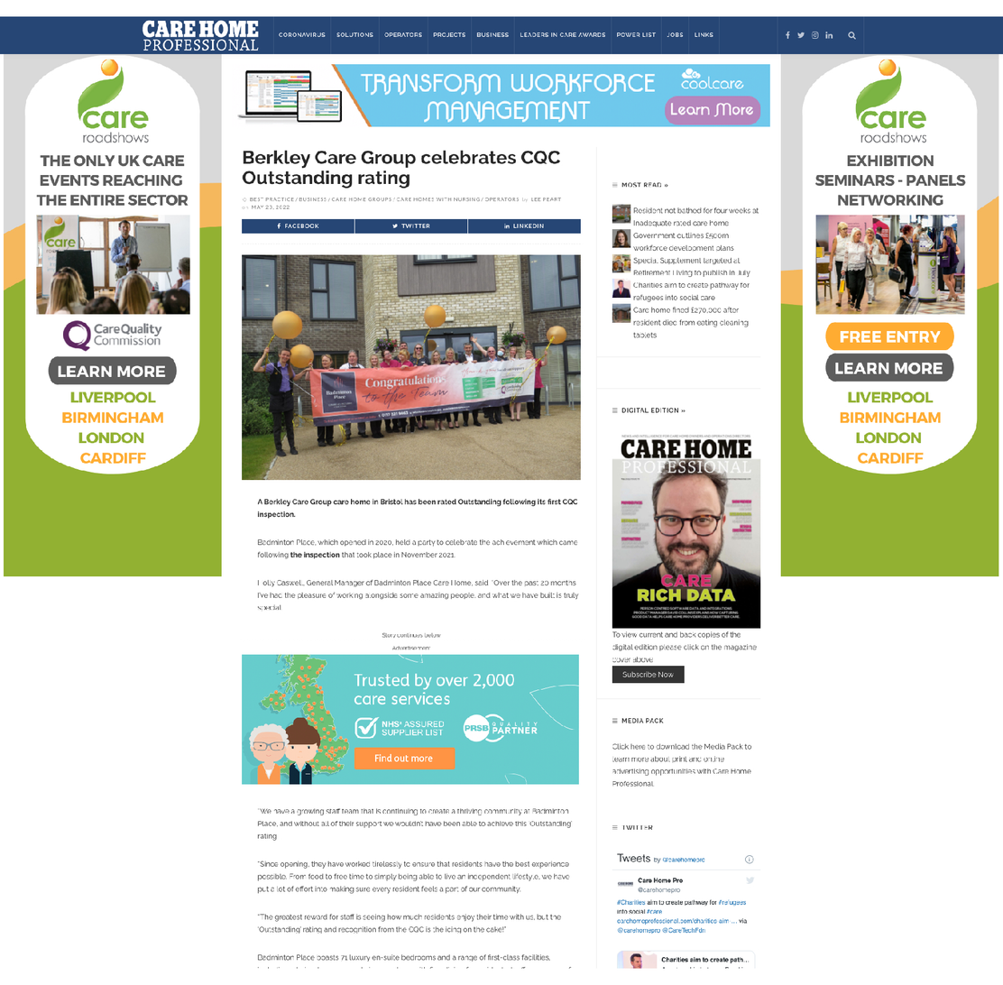Berkley Care Group celebrates CQC Outstanding rating