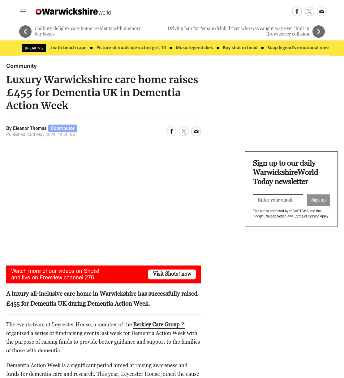 Luxury Warwickshire care home raises £455 for Dementia UK in Dementia Action Week