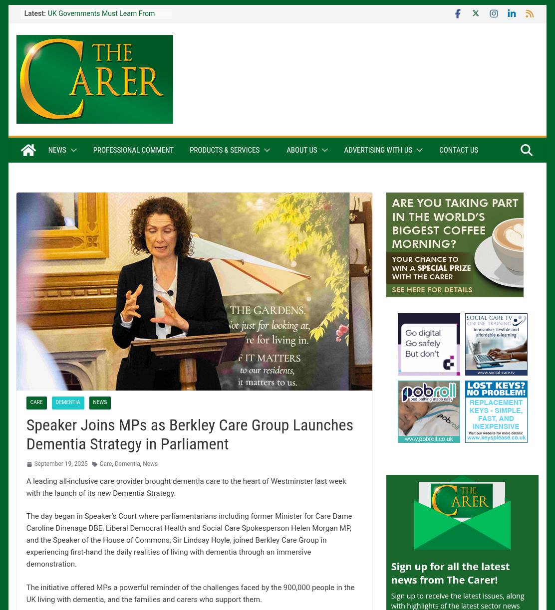 Speaker Joins MPs as Berkley Care Group Launches Dementia Strategy in Parliament
