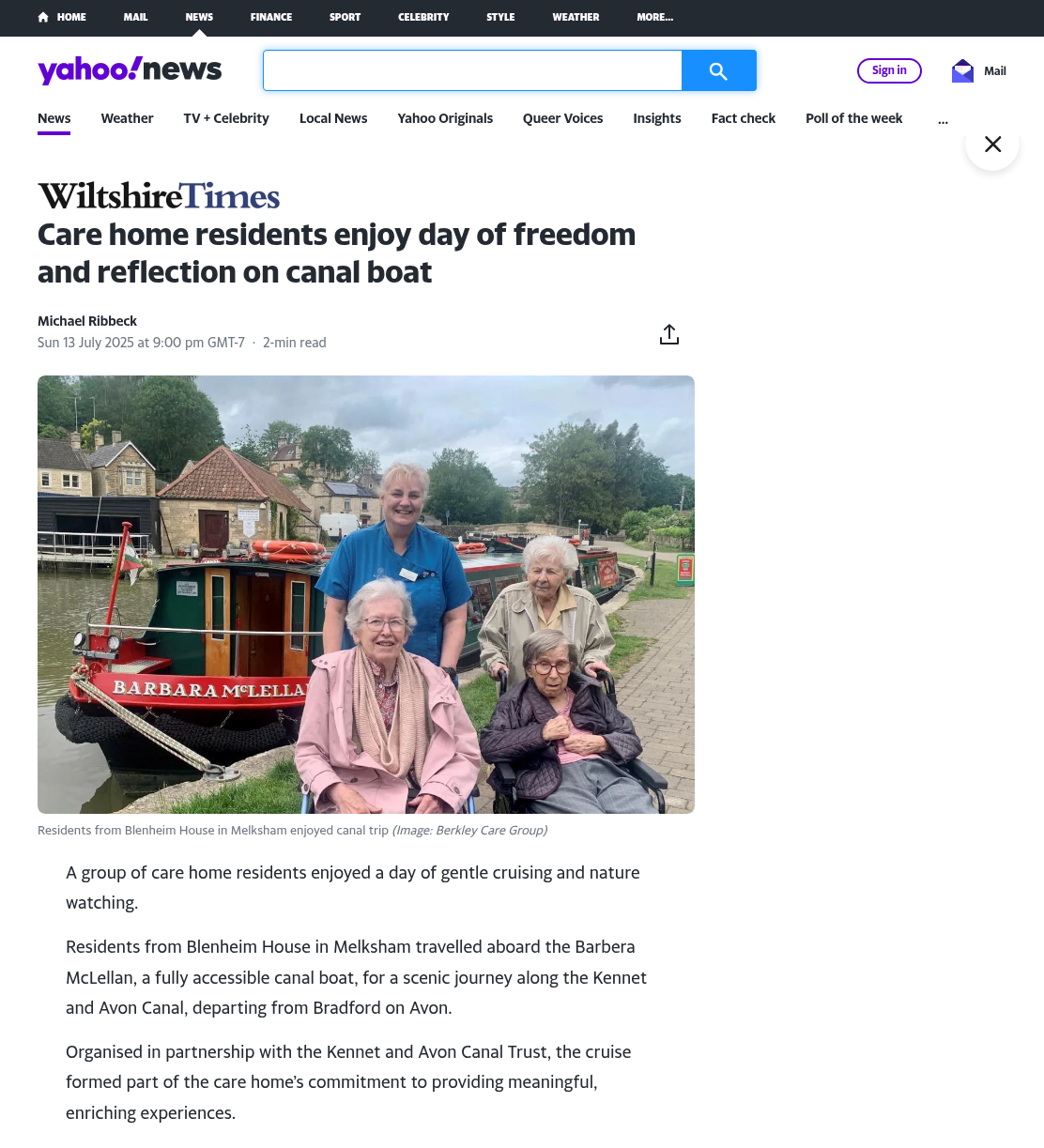 Care home residents enjoy day of freedom and reflection on canal boat