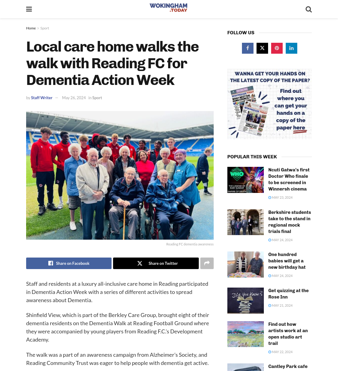 Local care home walks the walk with Reading FC for Dementia Action Week