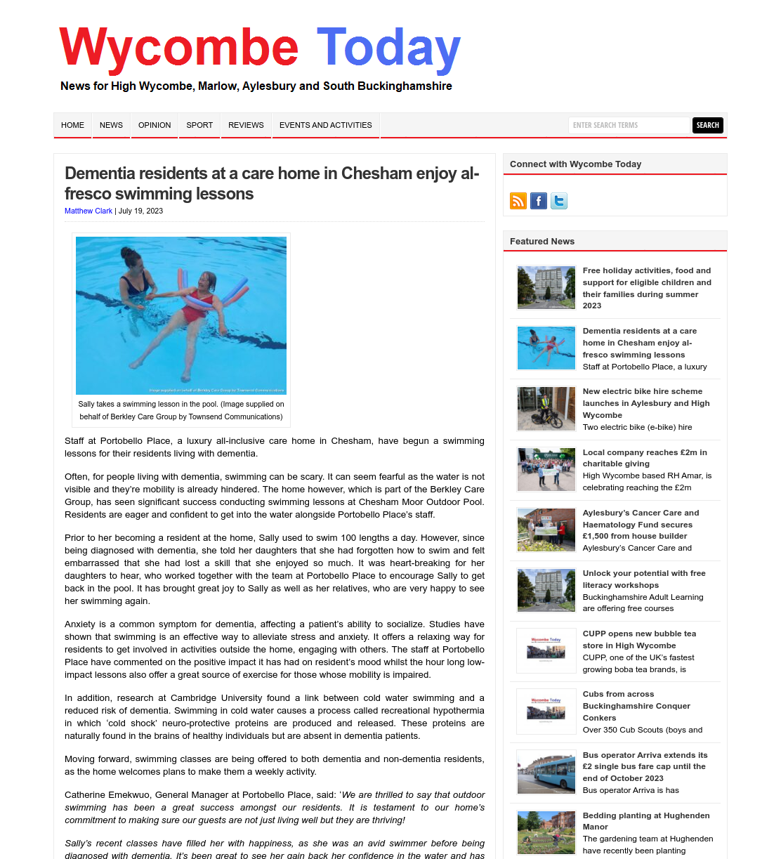 Dementia residents at a care home in Chesham enjoy al-fresco swimming lessons