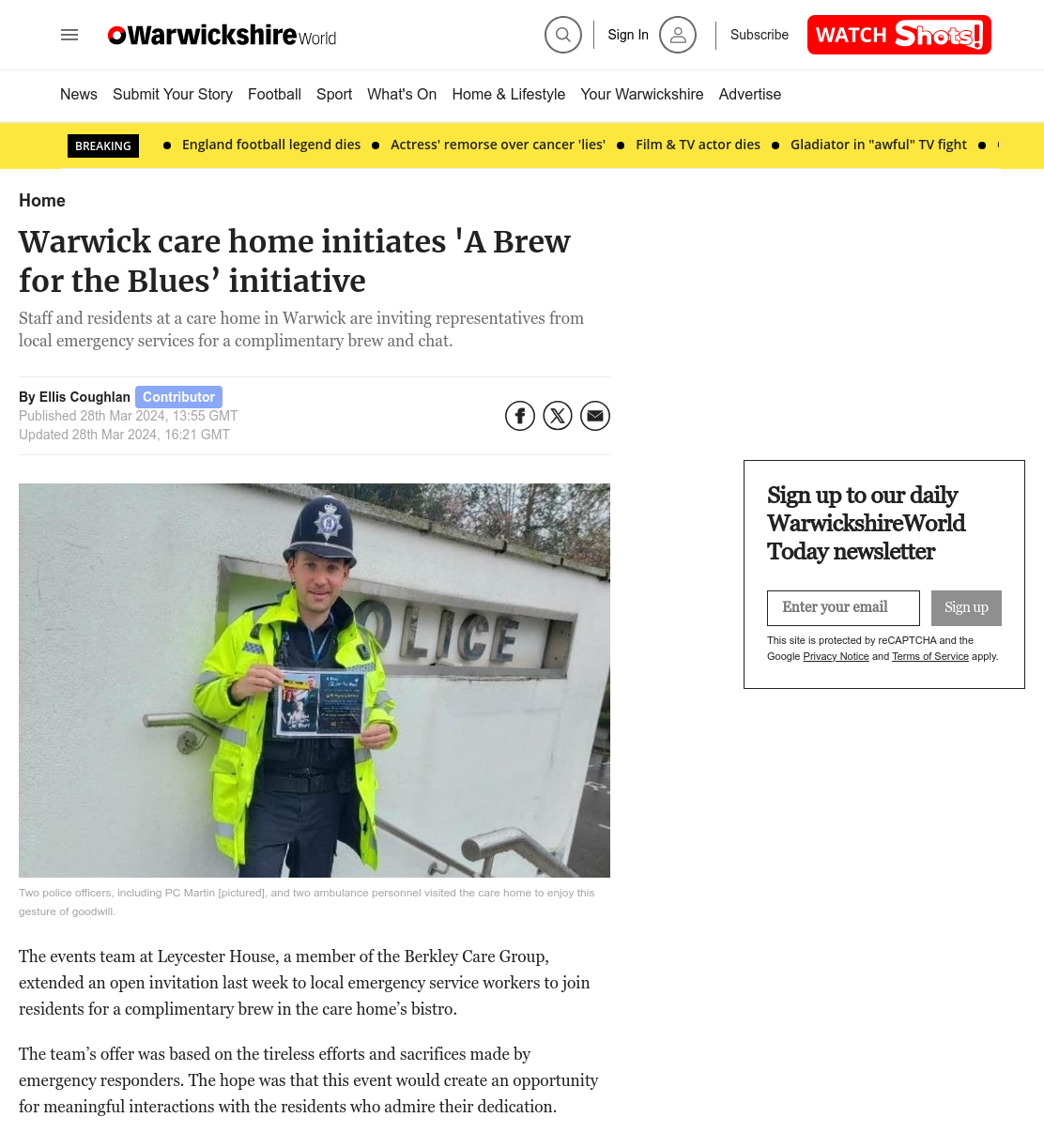 Luxury Warwickshire care home initiates 'A Brew for the Blues’ initiative