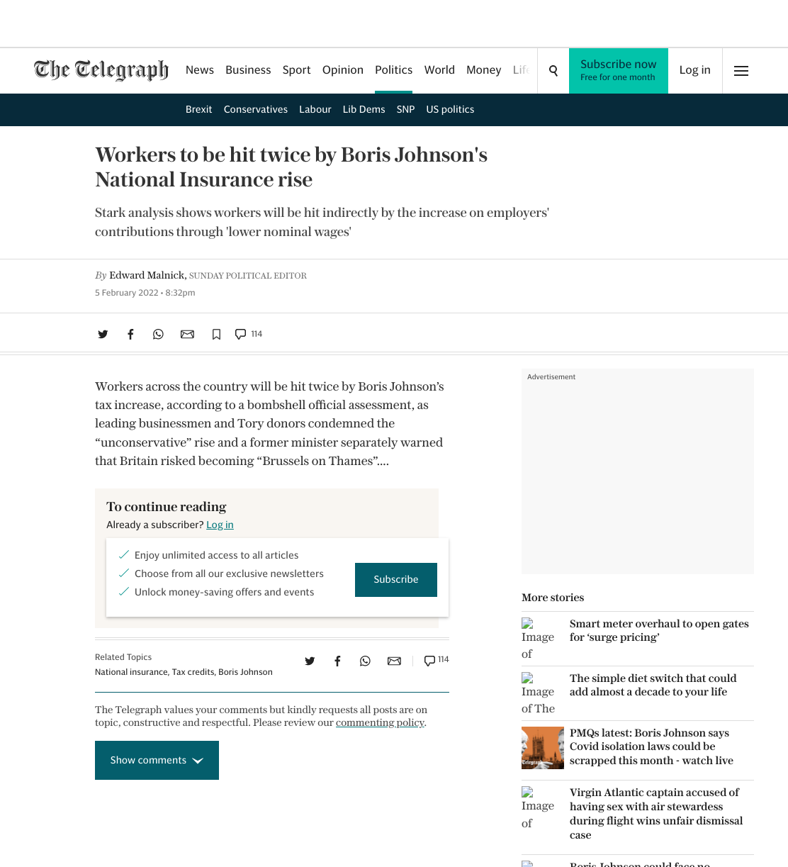 The Telegraph coverage: Workers to be hit twice by Boris Johnson's National Insurance rise