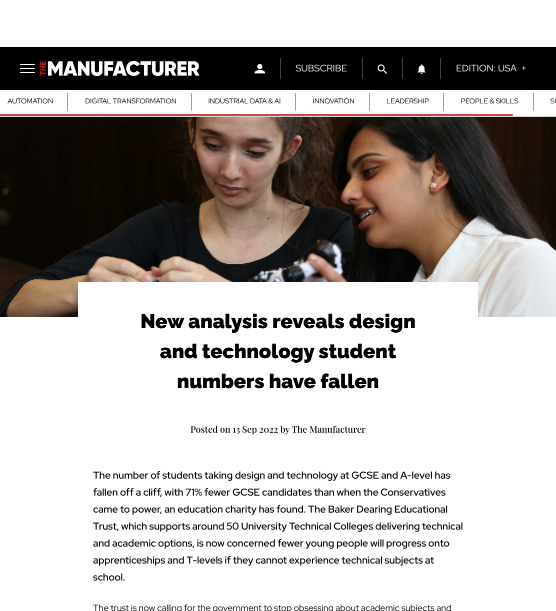 Analysis reveals design and technology student numbers have fallen