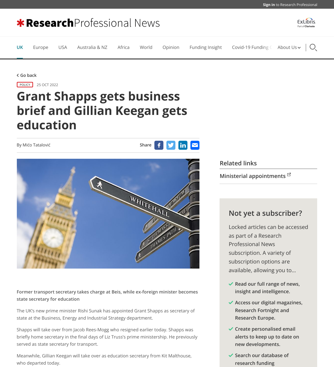 Grant Shapps gets business brief and Gillian Keegan gets education - Research Professional News