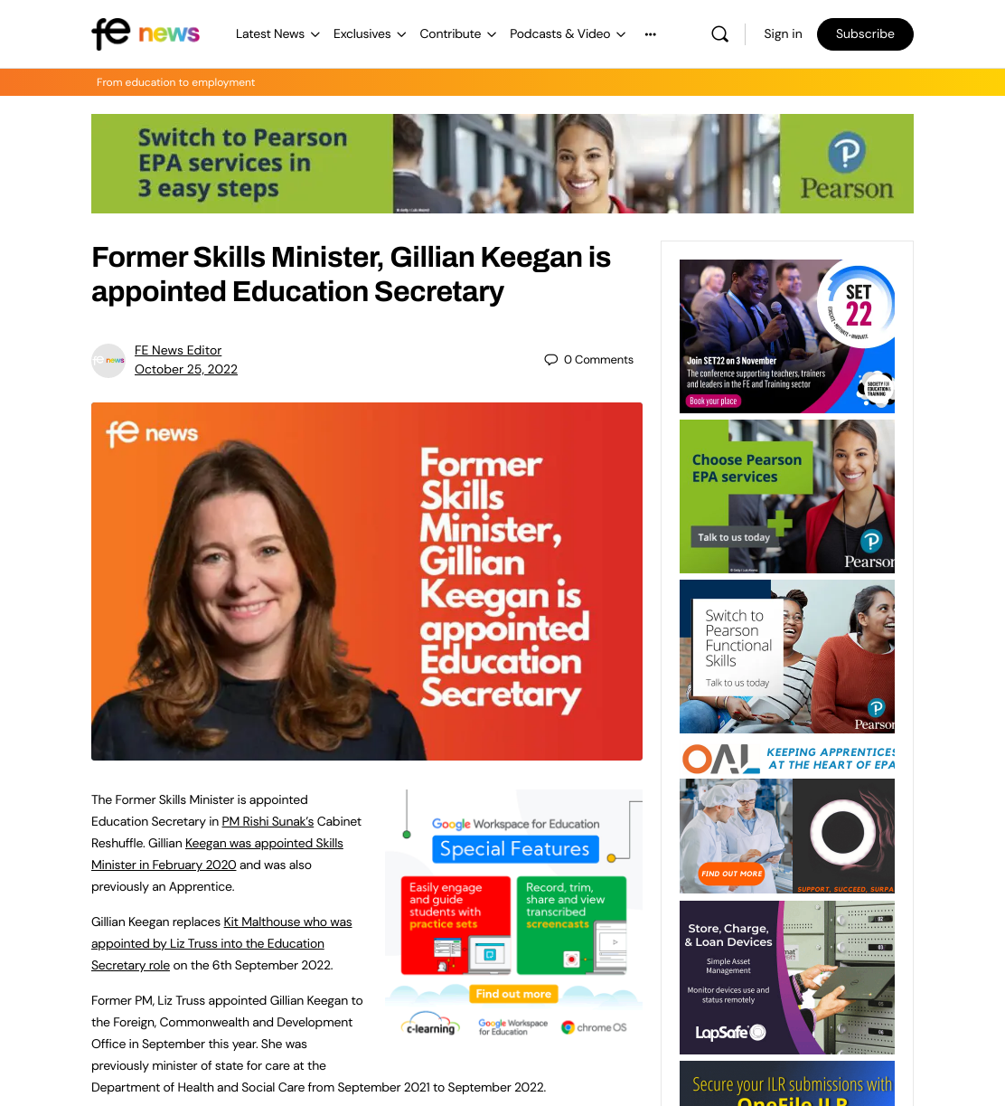 Former Skills Minister, Gillian Keegan is appointed Education Secretary – FE News