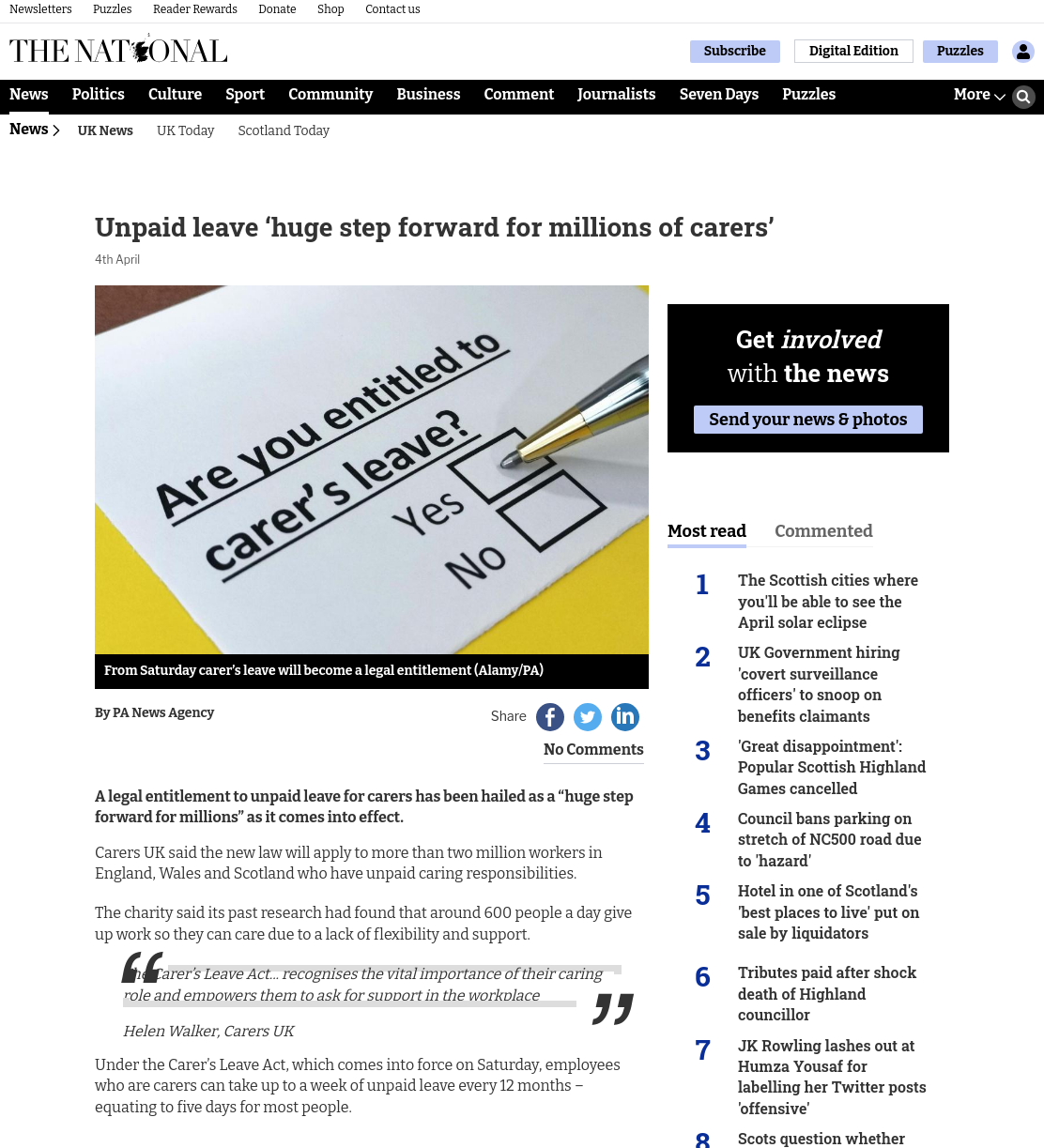 Unpaid leave ‘huge step forward for millions of carers’