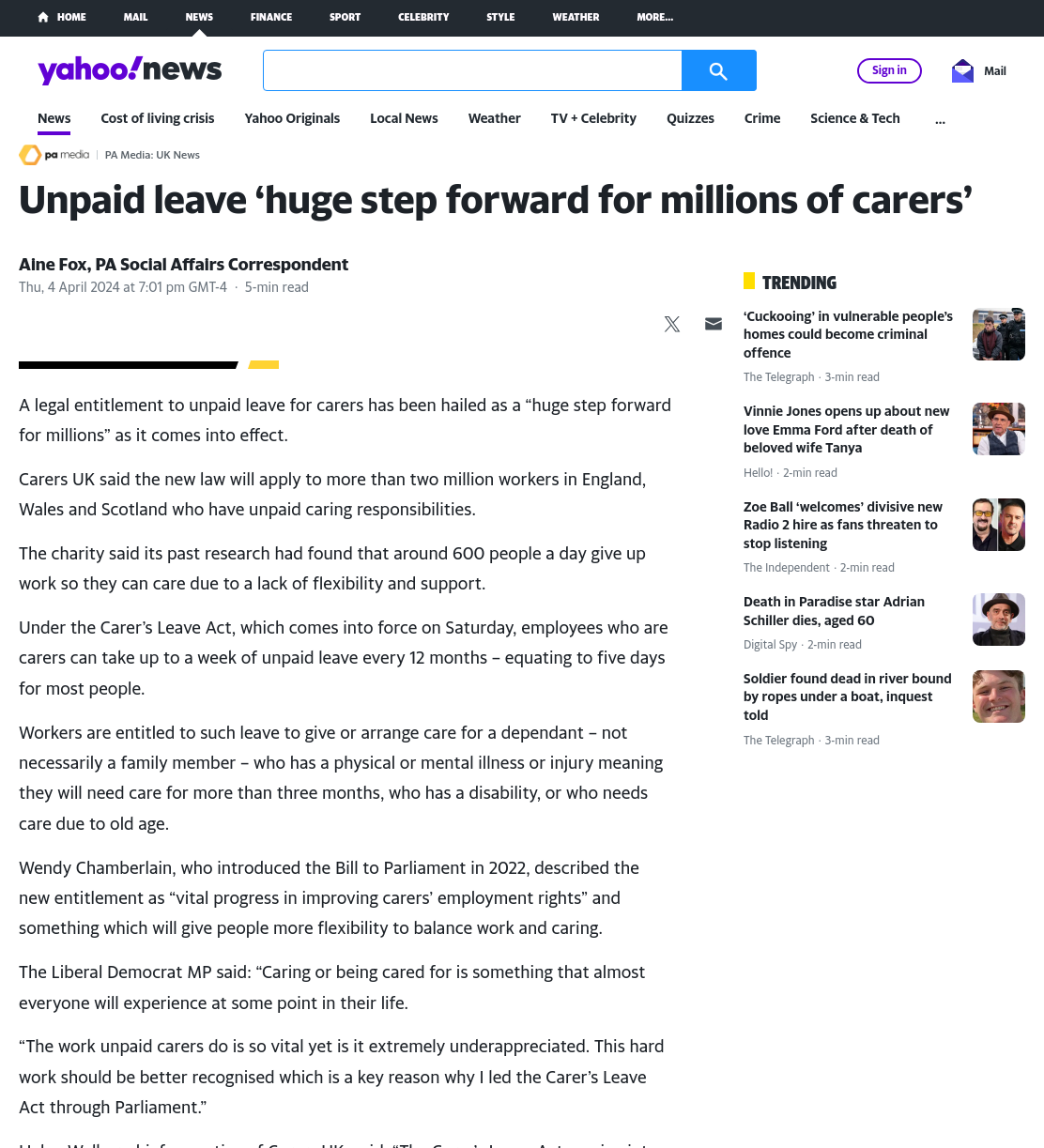 Unpaid leave ‘huge step forward for millions of carers’