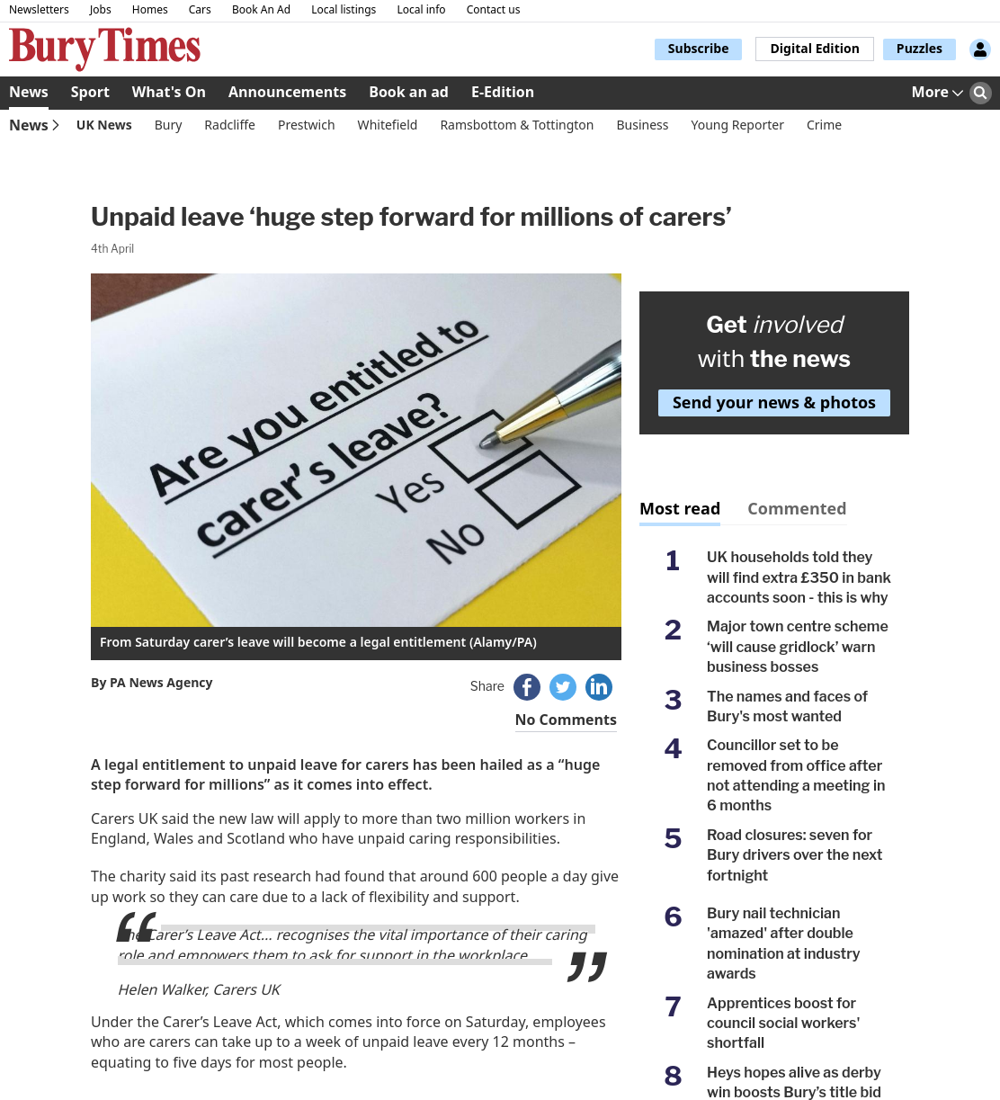 Unpaid leave ‘huge step forward for millions of carers’