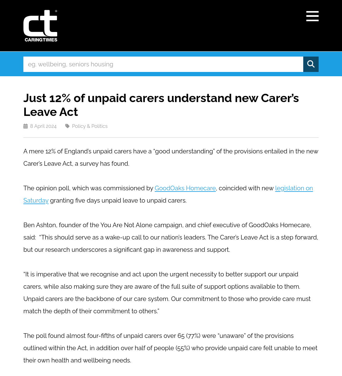 Just 12% of unpaid carers understand new Carer’s Leave Act | Caring Times