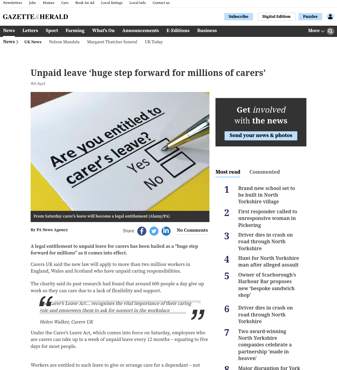 Unpaid leave ‘huge step forward for millions of carers’
