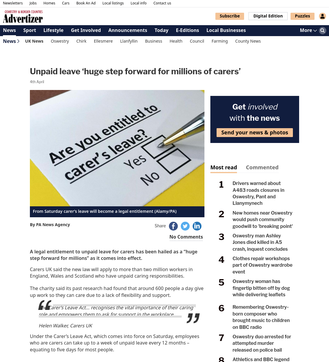 Unpaid leave ‘huge step forward for millions of carers’